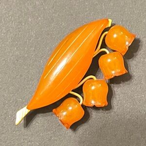 Vintage Russian Baltic Amber 12K Gold Lily of the Valley Brooch